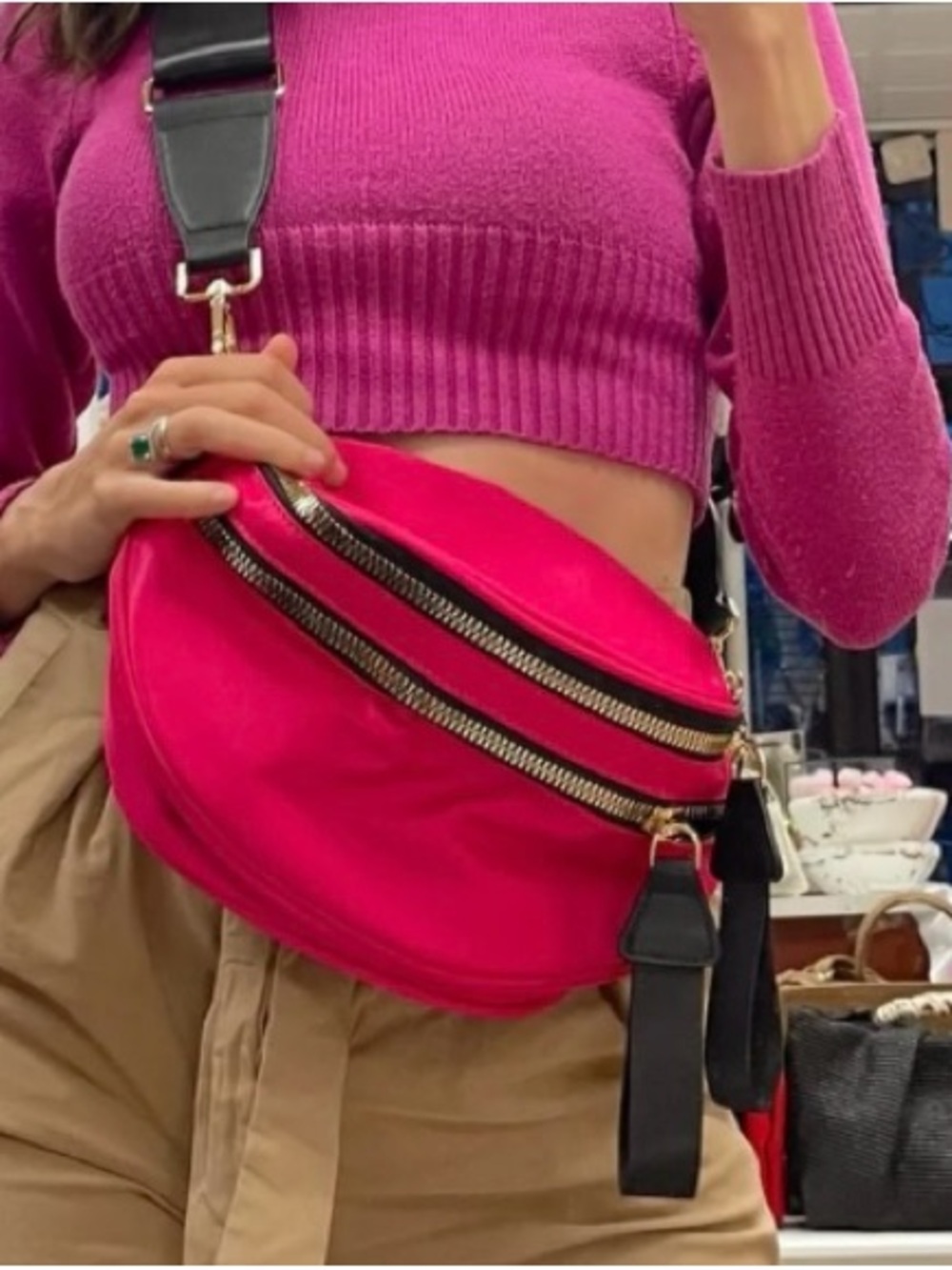 Hot Pink Dual-Zip Crossbody Belt Bag with Black Strap